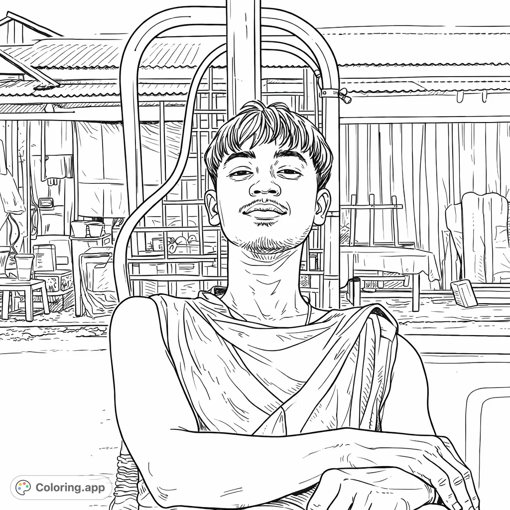 Color a relaxed portrait of a young man in a vibrant street scene. Perfect for exploring urban themes and realistic shading.