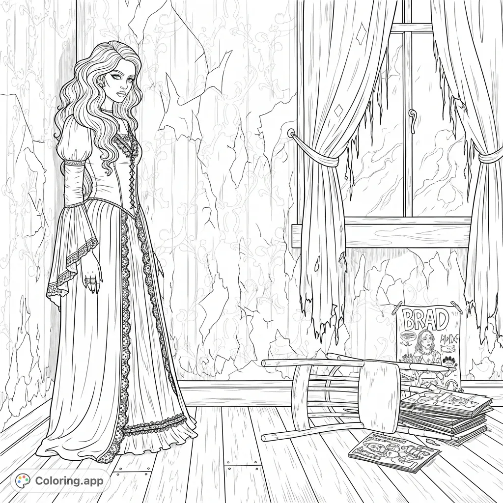 An elegant gothic lady with flowing hair leans by a grimy window and peeling wallpaper, surrounded by old magazines and an overturned chair. A captivating scene for coloring.