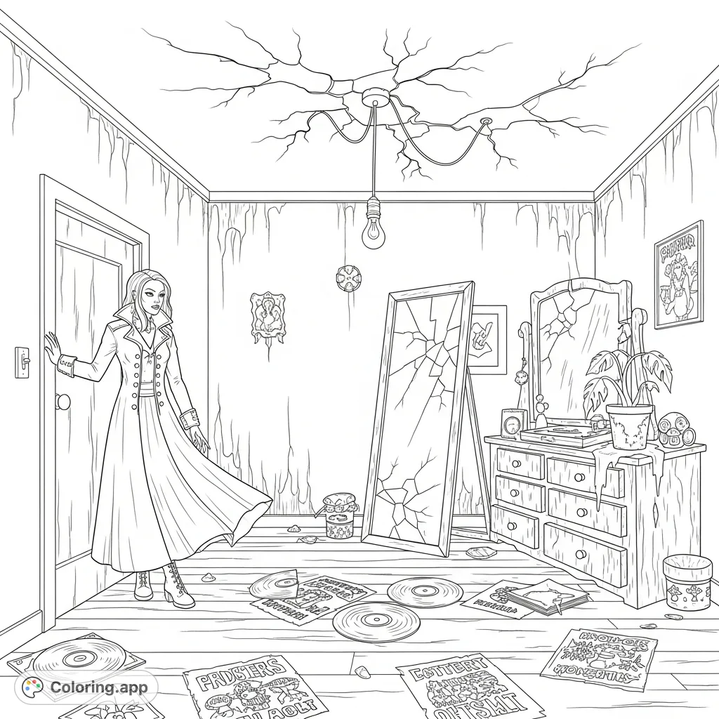 Explore a detailed gothic grunge bedroom coloring page featuring a lady at the doorway, strewn records, a broken mirror, and distressed decor.