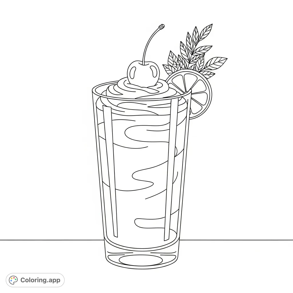 A refreshing smoothie in a tall glass, adorned with a delicate garnish and a single cherry on top. Perfect for a relaxing and creative coloring session.