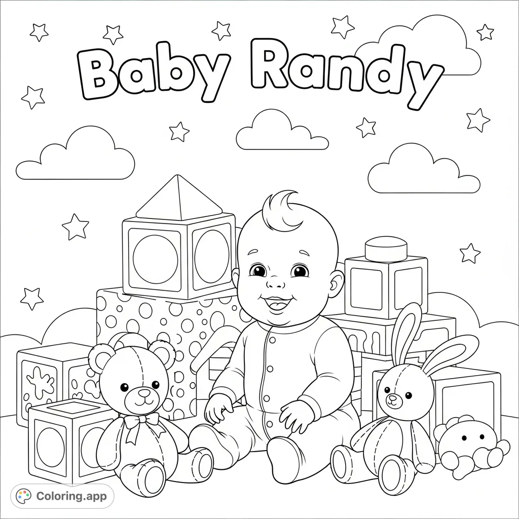A delightful Baby Randy coloring page featuring a cheerful baby, building blocks, and plush toys against a whimsical sky, perfect for young artists.