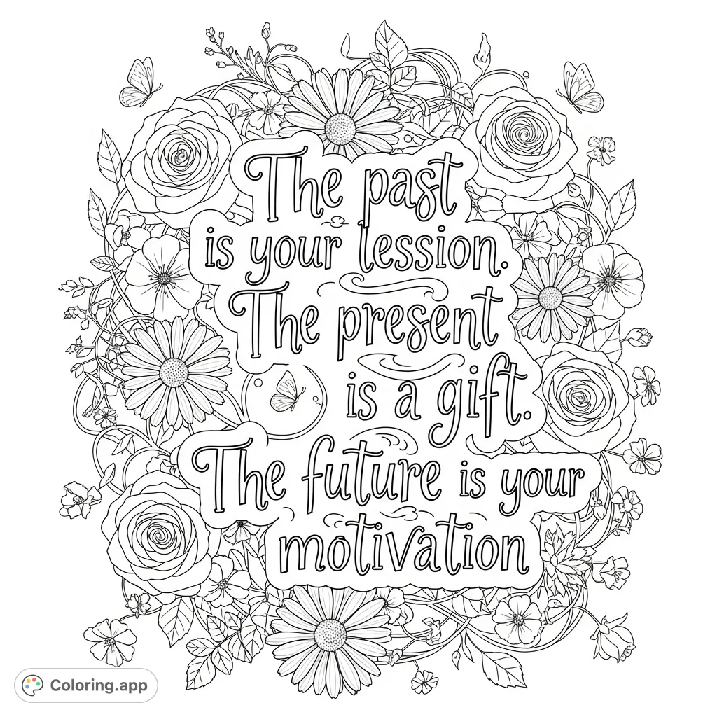 A beautiful coloring page featuring an uplifting quote in elegant script, surrounded by an abundant arrangement of blooming flowers and delicate butterflies.