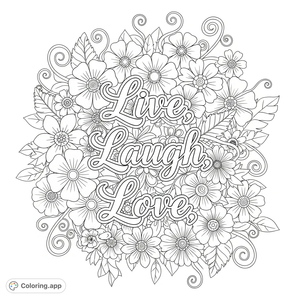 A beautiful "Live, Laugh, Love" quote in elegant script, surrounded by a whimsical border of diverse flowers, leaves, and intertwining stems, creating a lovely scene.