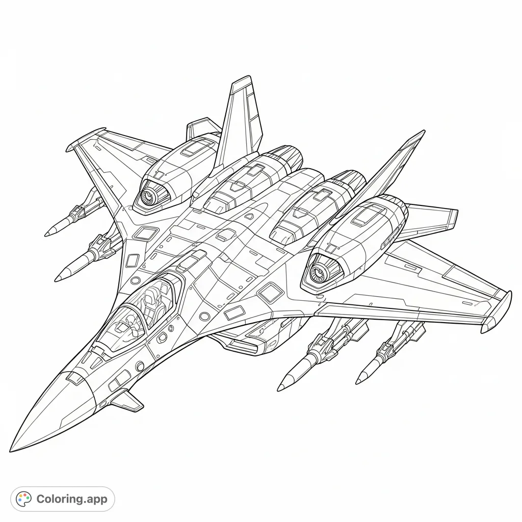 An intricate futuristic space fighter jet coloring page, perfect for sci-fi enthusiasts. Features sleek lines, powerful engines, and dynamic details.