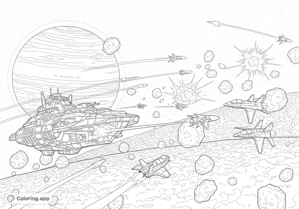 Epic galactic starship battle with numerous spacecraft, asteroid fields, and powerful energy blasts. Engage in a cosmic coloring adventure!