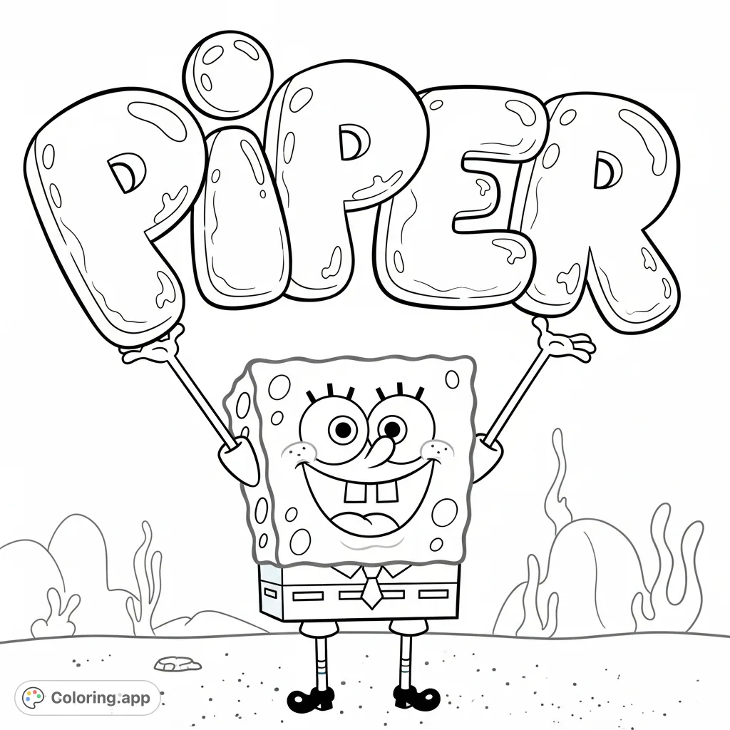 A fun SpongeBob SquarePants coloring page featuring the cheerful character holding puffed, three-dimensional bubble letters spelling "Piper" in an aquatic setting.