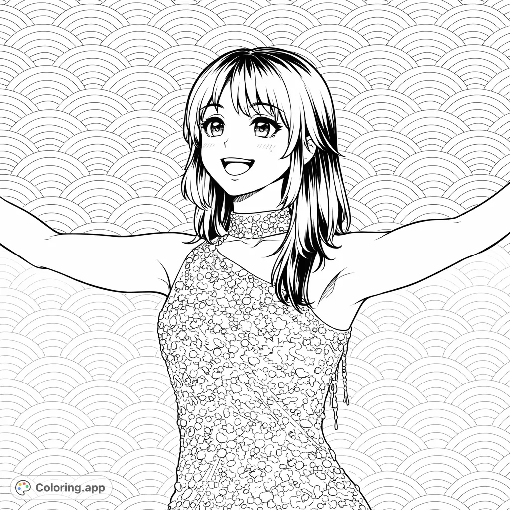 An anime-inspired figure skater performs with characteristic eyes, a dazzling, textured costume, and a dynamic wave background. A free printable figure skating coloring page for all ages.