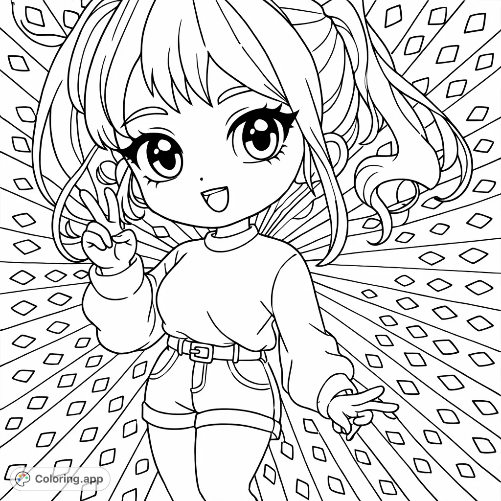 Color a cute chibi girl flashing a peace sign against a dynamic, intricate patterned background. Perfect for anime fans!