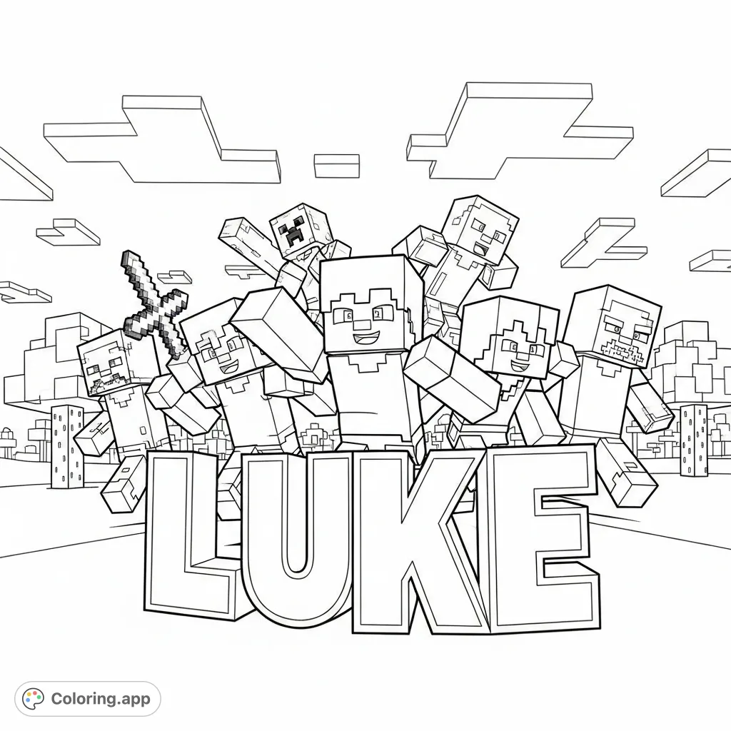 Energetic Minecraft characters Steve, Alex, Creeper, and Zombie burst forth from behind blocky 'Luke' letters, set against a pixelated landscape. A dynamic, personalized coloring adventure!