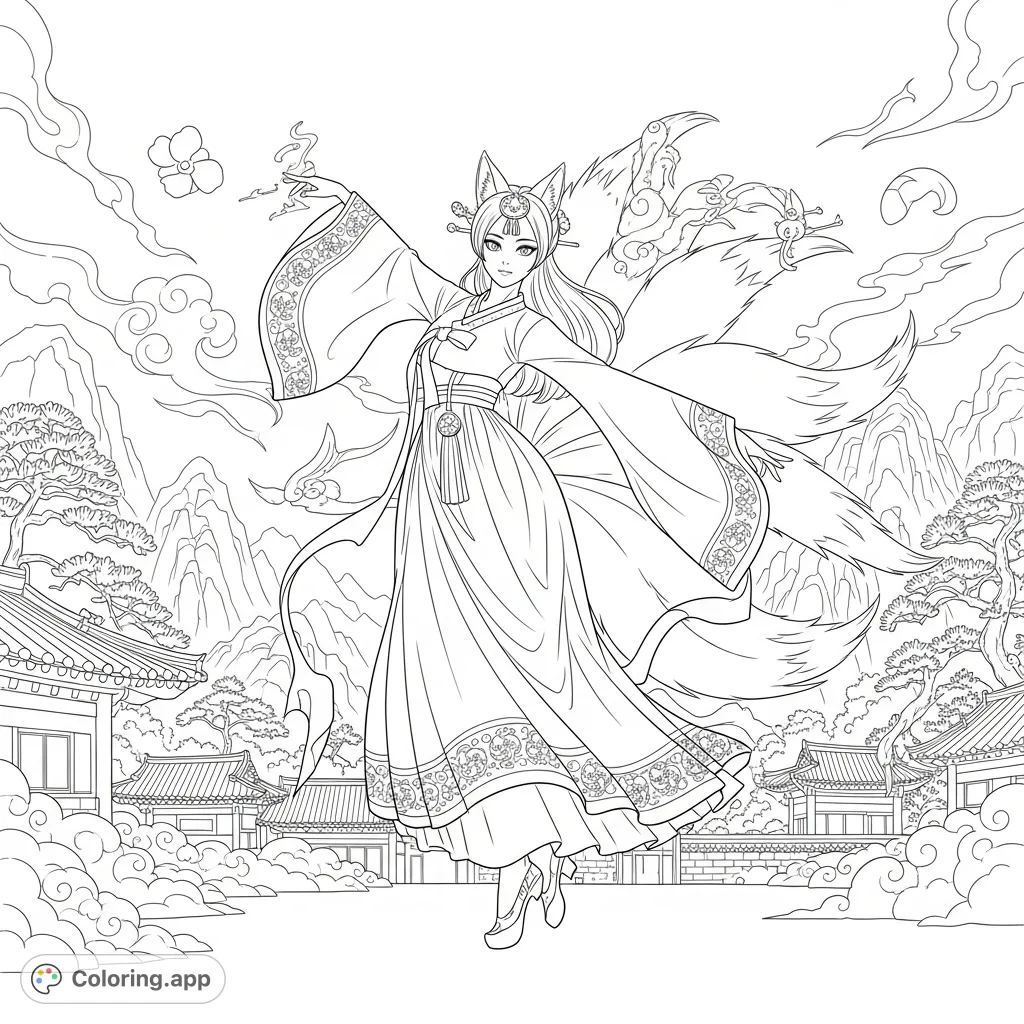 An alluring Kisaeng Ninetailed Fox in human form dances gracefully amidst an ancient Korean fantasy landscape, perfect for detailed coloring.