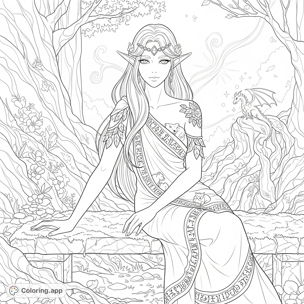 Discover an elegant elf woman in a mystical forest, gracefully posed amidst glowing flora. This intricate, free printable elf sensual coloring page offers artistic challenge for adults.
