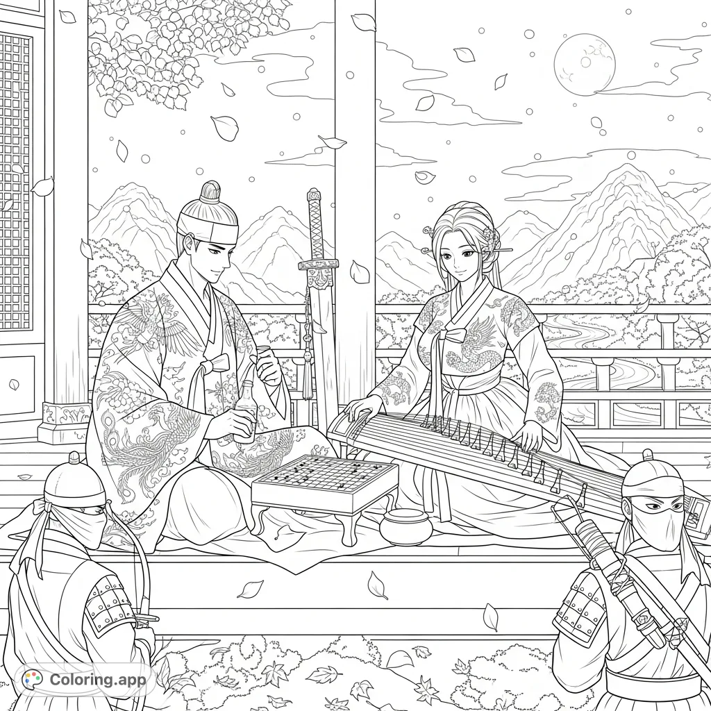 Experience a captivating Joseon era scene: a nobleman plays Go, a kisaeng performs gayageum, and masked bodyguards watch under a moonlit sky.