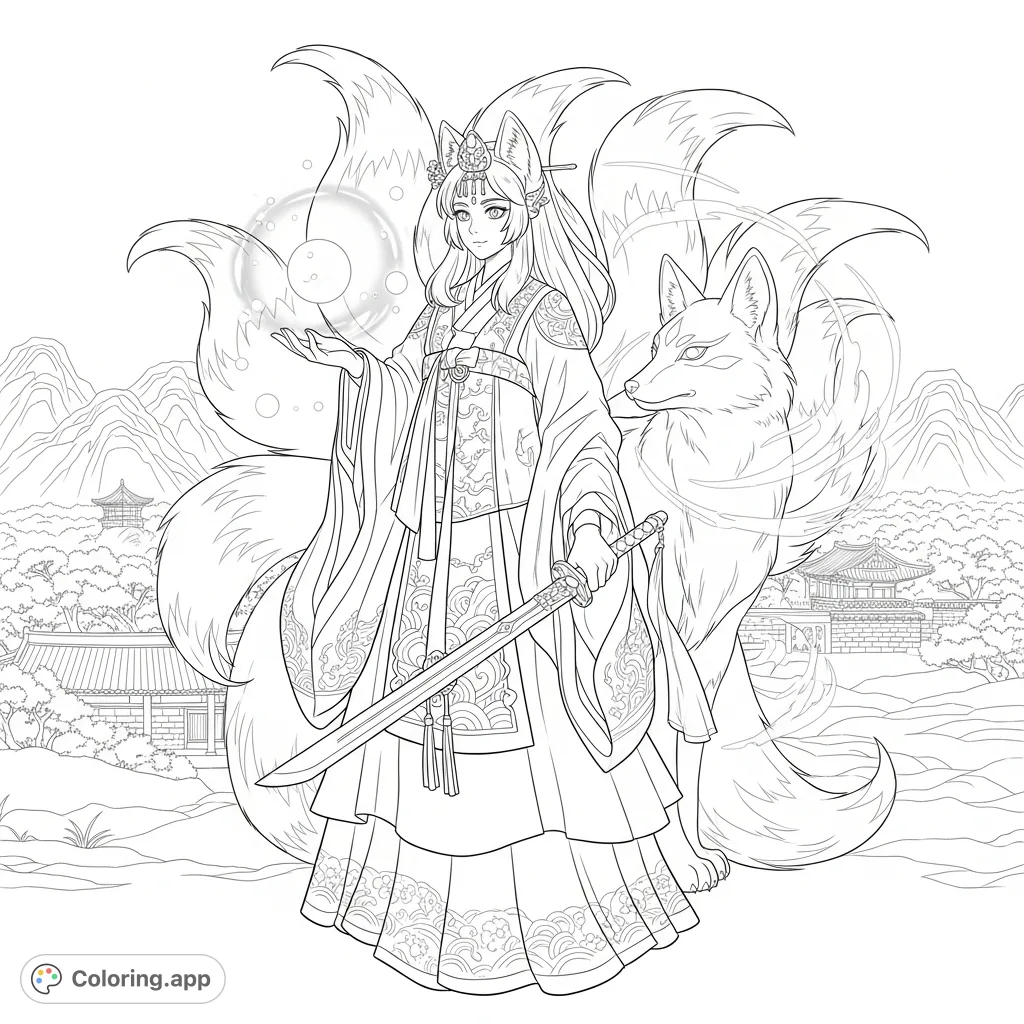 An elegant Nine Tailed Fox in Joseon robes, holding a luminous sphere and sword, stands with a large fox against a detailed Korean landscape.
