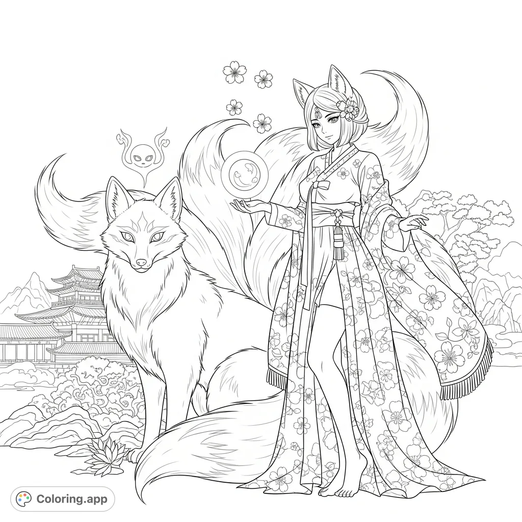 Discover an enchanting nine-tailed fox in human form, cradling a magic sphere beside her majestic fox spirit. A captivating East Asian fantasy coloring page.