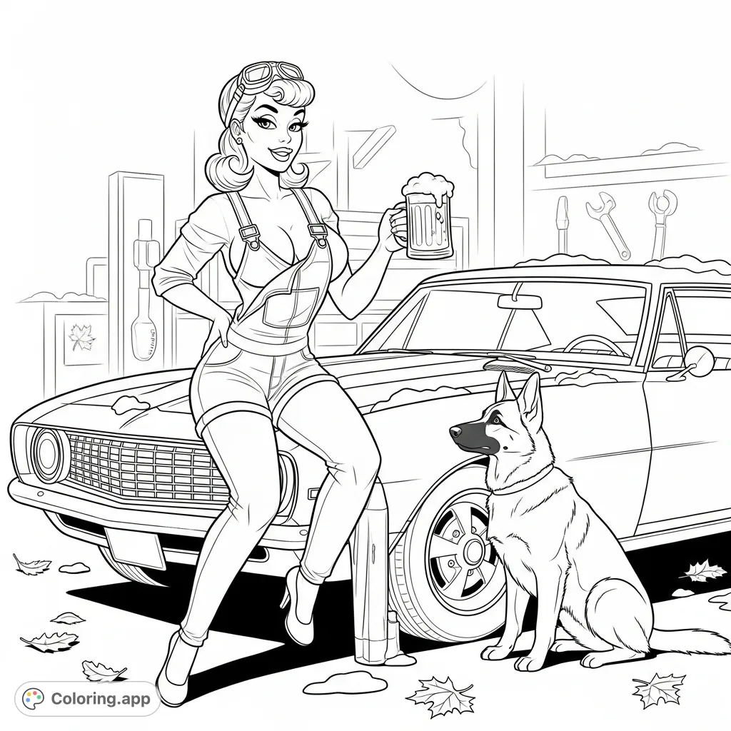 An alluring retro 50s pinup model with a classic hairstyle, posing on a vintage Camaro with a beer mug. A loyal German Shepherd sits by her side.