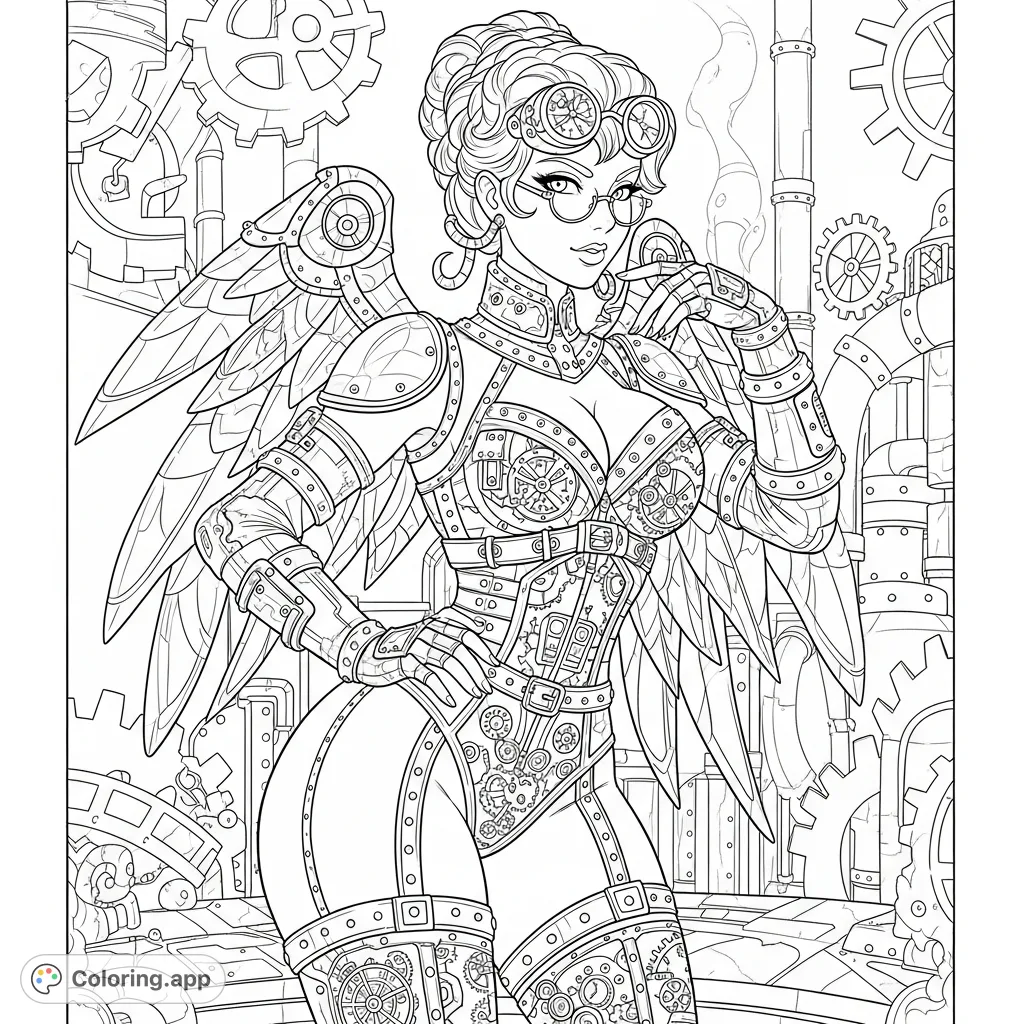A detailed Steampunk Pinup lady with intricate clockwork attire and mechanical features, striking a classic pose against an industrial background.