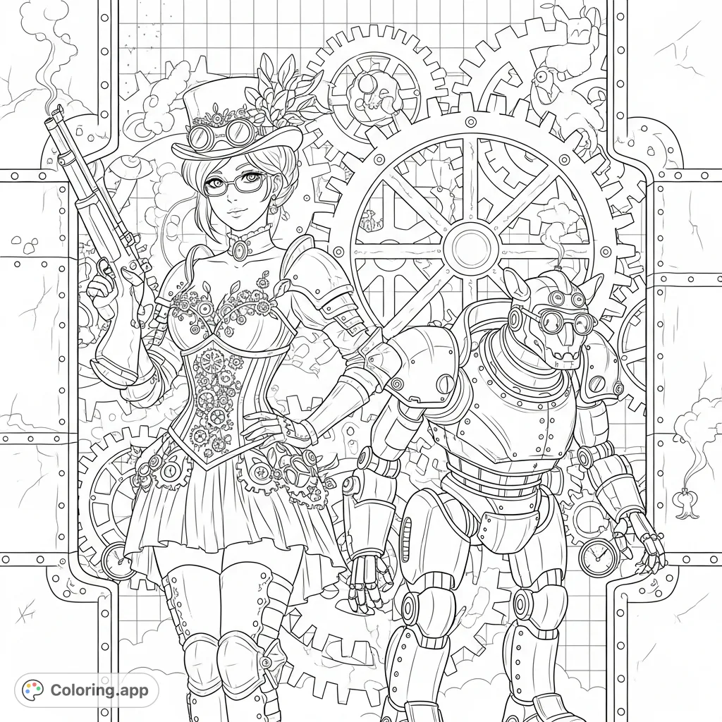 An extraordinary steampunk coloring page featuring a confident pinup figure with a rifle and a colossal Colossus Clockwork Golem amidst intricate gears and steam.