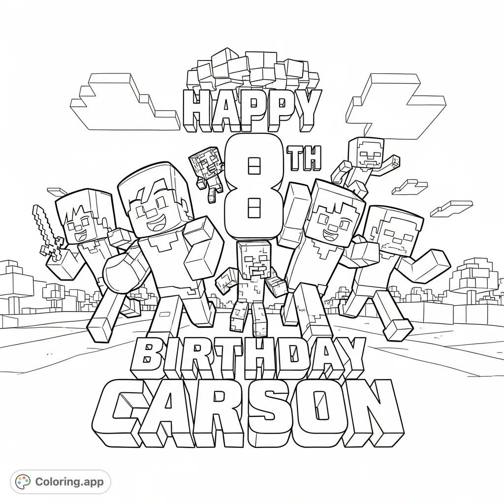 Steve, Alex, a Creeper, and Zombie rush out from behind 'happy 8th birthday Carson' blocky text in a dynamic, pixelated Minecraft scene!