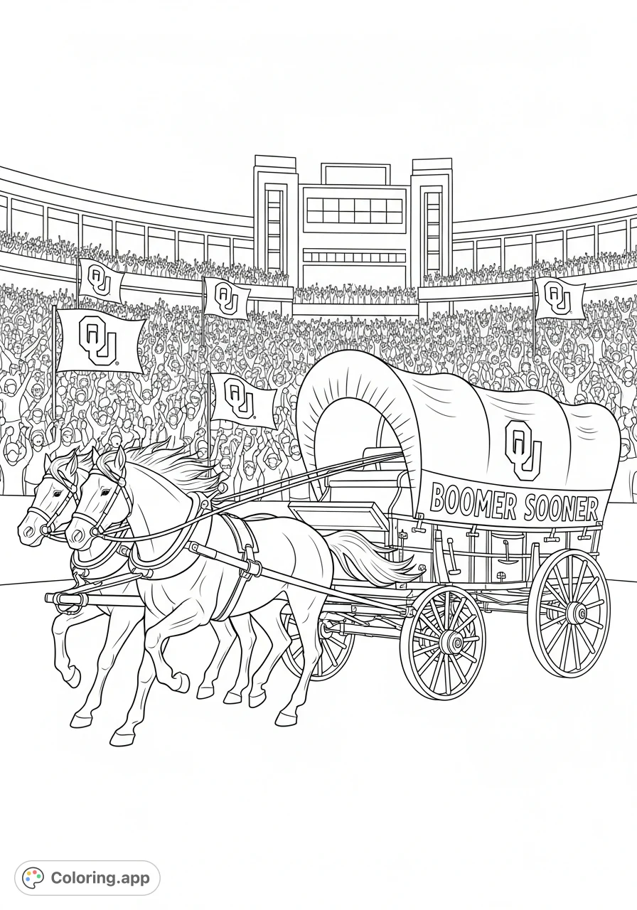 Celebrate Oklahoma spirit with this dynamic Sooner Schooner coloring page. Features the iconic wagon, spirited horses, and a stadium background.