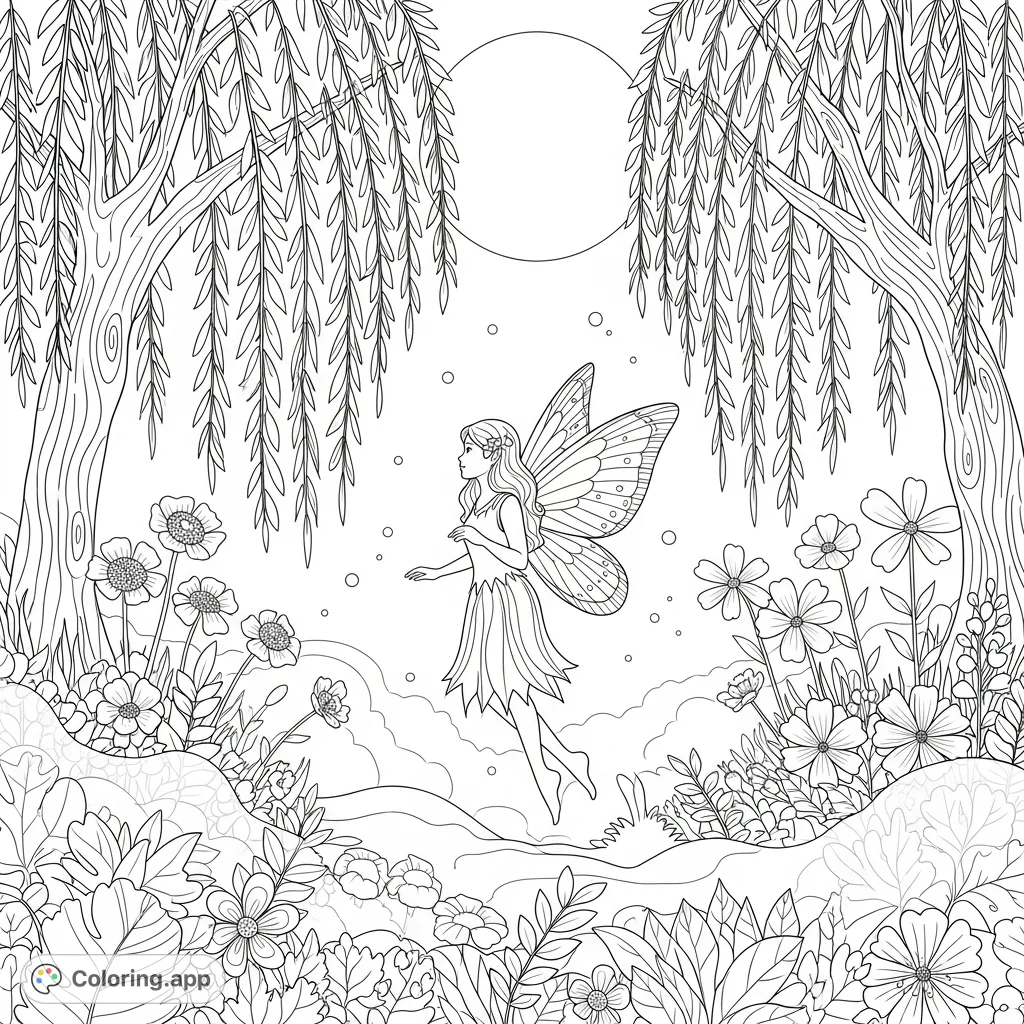 Dive into a magical moonlit garden coloring page featuring a whimsical fairy, whispering willows, and mystical mist for enchanting creativity.