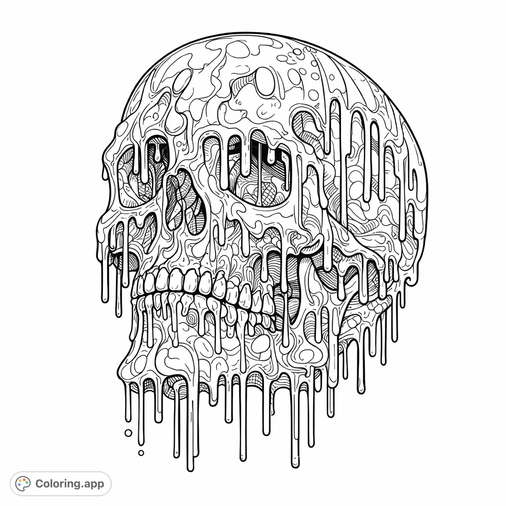 An intricate skull design where liquid patterns drip from every feature, offering a captivating challenge for colorists to bring this unique artwork to life.