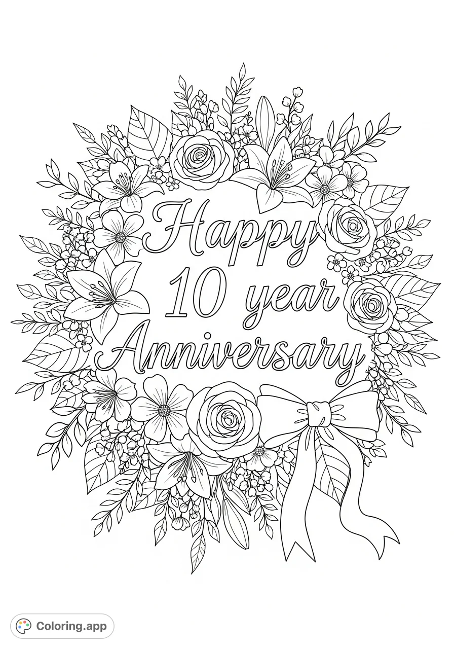 Celebrate a decade of love with a beautiful "Happy 10 year anniversary" coloring page, featuring elegant lettering and a lush floral bouquet.