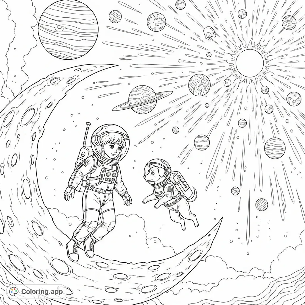Explore the cosmos with a girl and her dog in astronaut suits, witnessing planets converging towards a distant sun in this captivating space adventure coloring page.