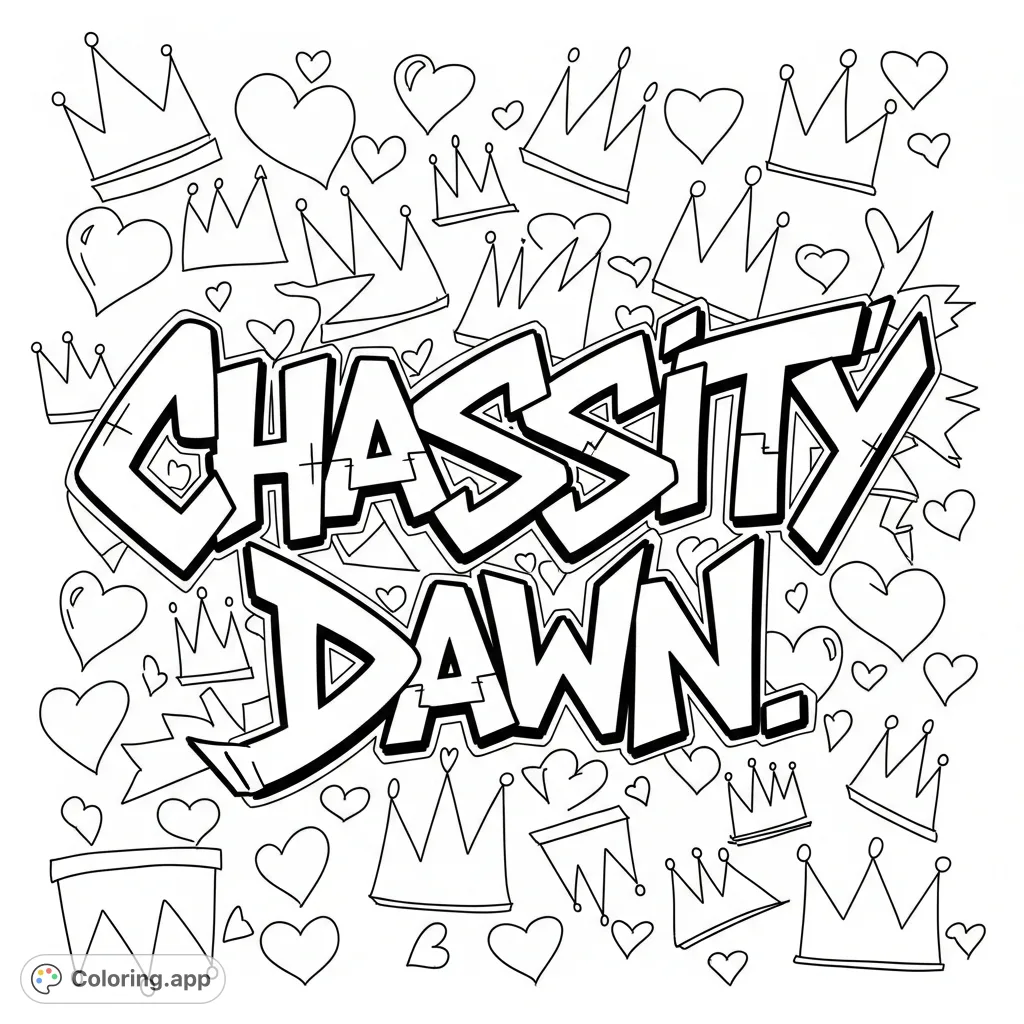 An intricate Chassity Dawn graffiti coloring page featuring bold, angular lettering interwoven with scattered crowns and hearts in a dense, layered background.