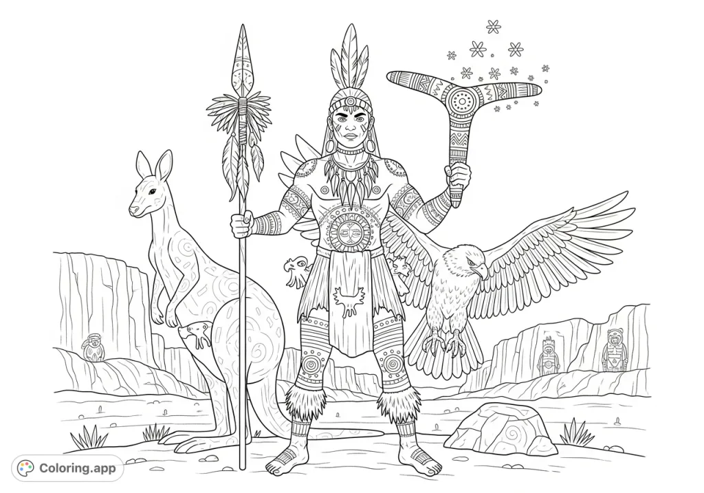 Discover an Aussie native Aboriginal super hero deeply connected to the land and Dreamtime, wielding a spirit spear and magical boomerang, surrounded by spirit animals.