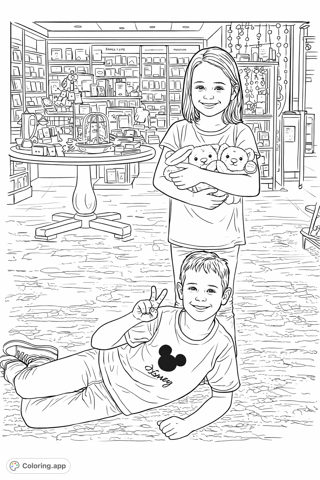Two smiling children, a girl holding a plush bunny and a boy making a peace sign, enjoy a fun moment in a bustling store setting.