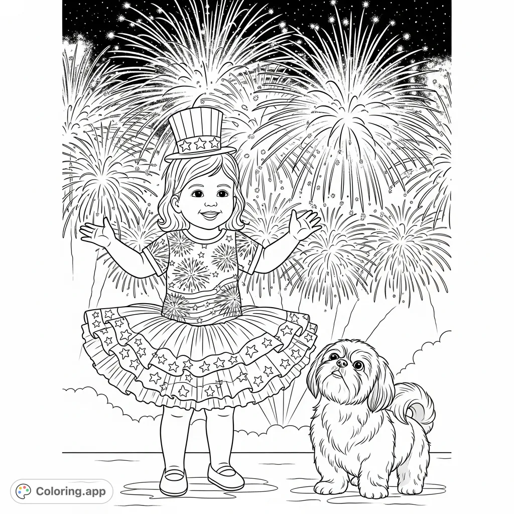 A joyful child in a flag-themed tutu and a Shih Tzu gaze at a grand fireworks finale. Perfect for celebrating Fourth of July and summer fun!