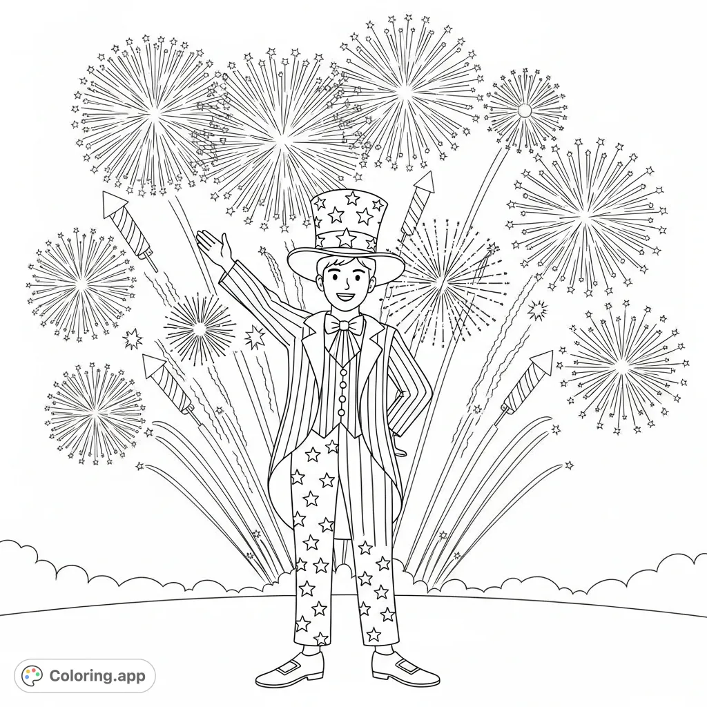 Celebrate with a festive individual in a Fourth of July costume, surrounded by a spectacular display of exploding fireworks in the night sky. Perfect for all ages.