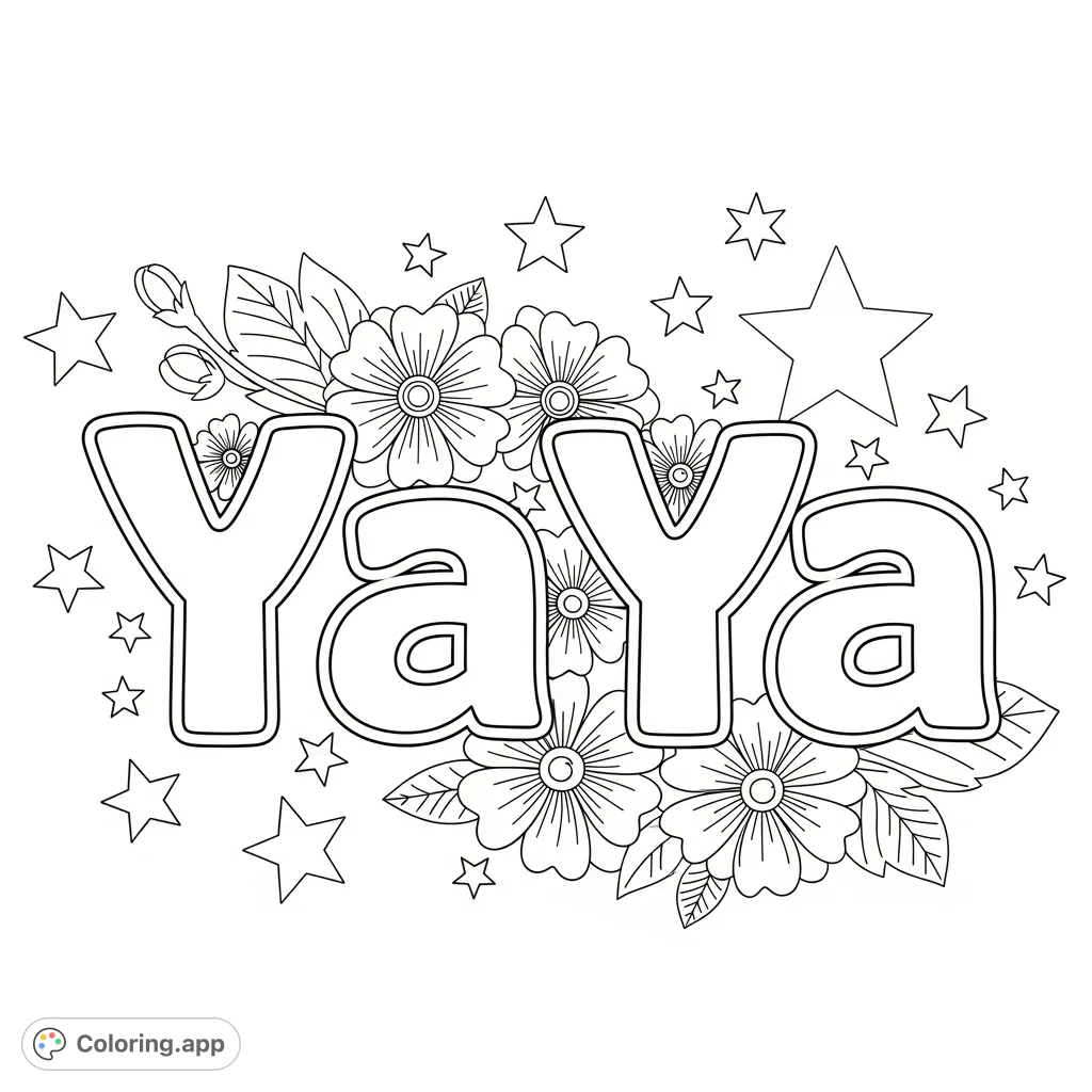 A cheerful coloring page featuring the name YaYa in decorative lettering, surrounded by stars and flowers. Perfect for personalization or a special gift.