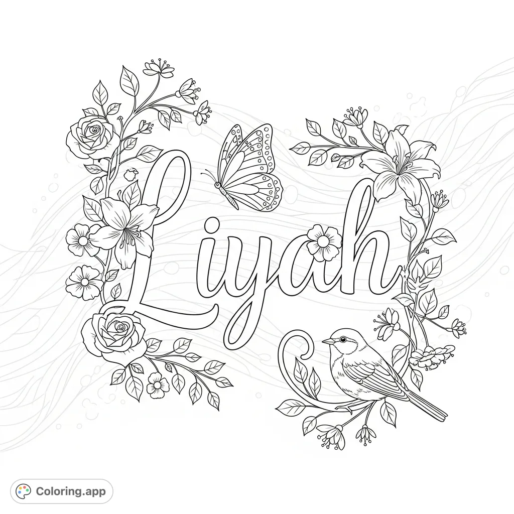 A charming Liyah coloring page featuring the name in elegant script, adorned with intricate floral designs, delicate vines, a butterfly, and a tiny bird.