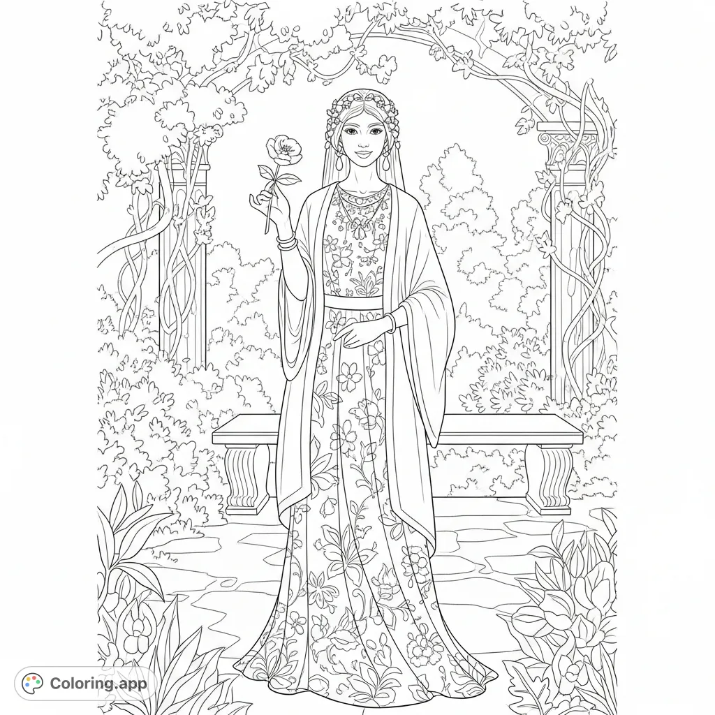 Discover the enchanting Ima Liyah coloring page, featuring a graceful figure amidst a tranquil garden with detailed floral patterns. A free printable coloring page.