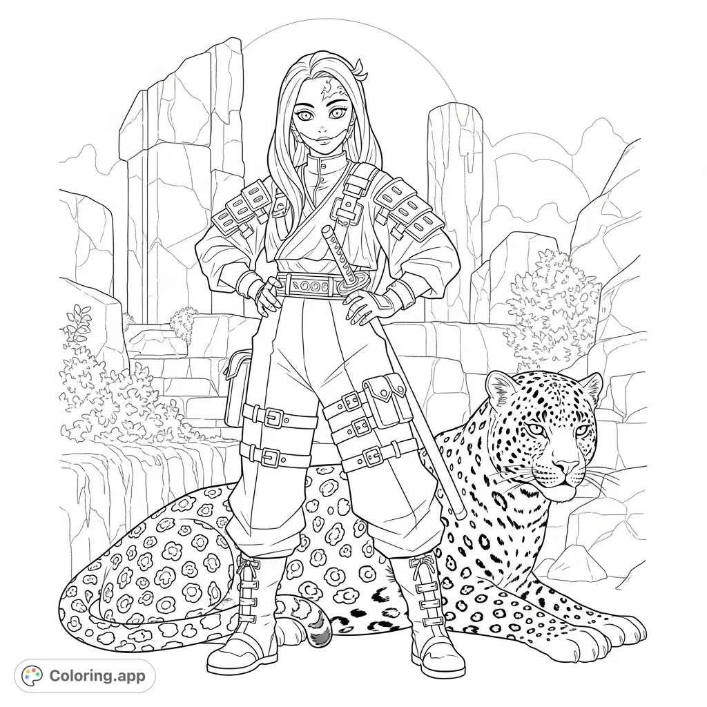 Mira from Kpop Demon Hunters heroically stands with a majestic leopard against an ancient, rugged backdrop. A detailed kpop demon hunters coloring page.