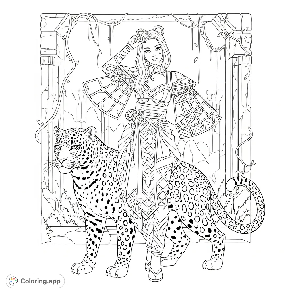 A striking kpop deamon hunters coloring page featuring Rumi alongside a powerful leopard in an ancient ruin. Perfect for fans and animal lovers.