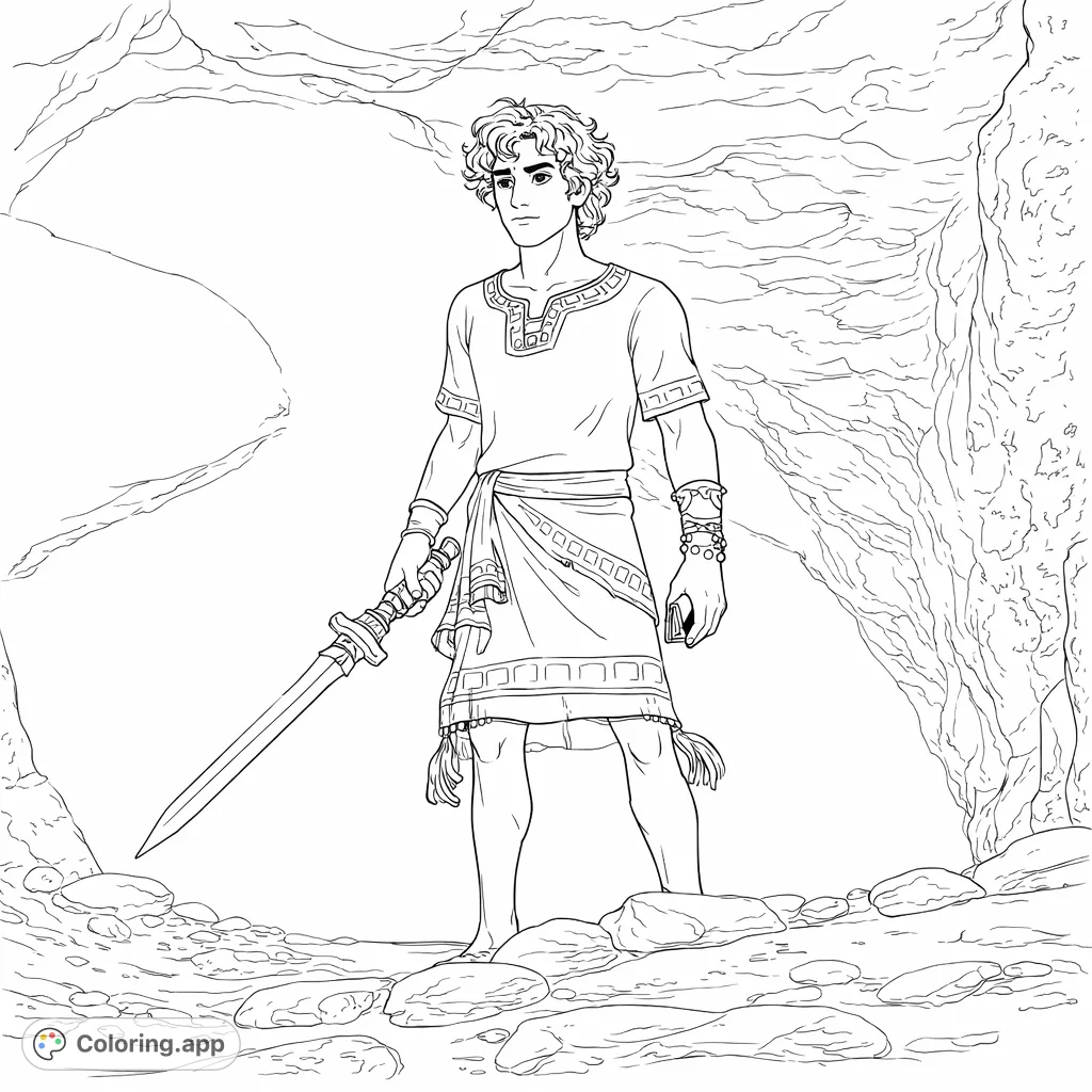 Embark on an epic journey with this heroic figure, sword in hand, standing bravely before a mysterious cave. A challenging adventure awaits your creative touch.