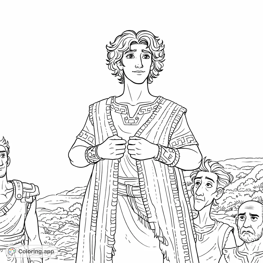 An inspiring coloring page featuring a youthful leader in layered attire, accompanied by his companions against a scenic backdrop of rolling hills. Perfect for imaginative storytellers.