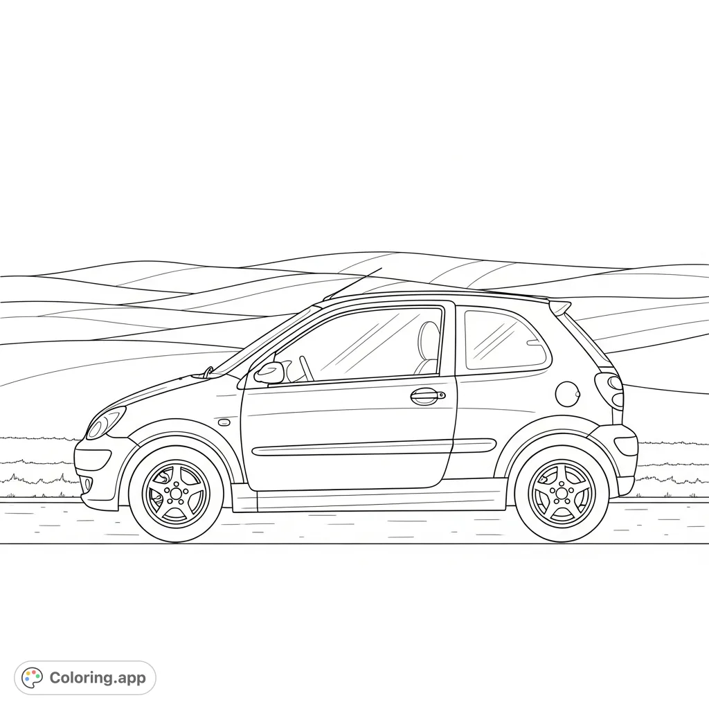 A sleek compact two-door car in side profile, parked on a textured road with a simple rolling hill background. Perfect for vehicle enthusiasts and aspiring designers.
