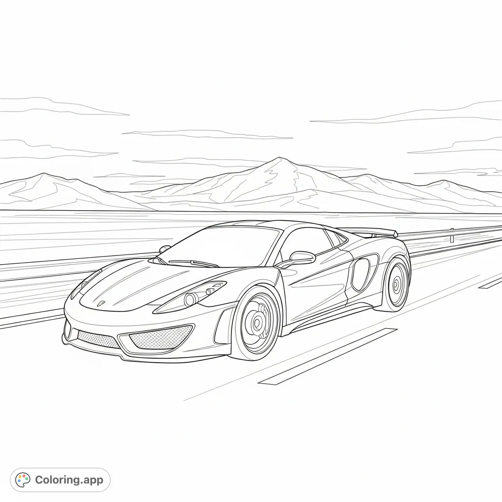 Experience the thrill of speed with this dynamic sports car coloring page. A sleek vehicle rushes on a deserted highway, mountains in the distance, perfect for all car enthusiasts.