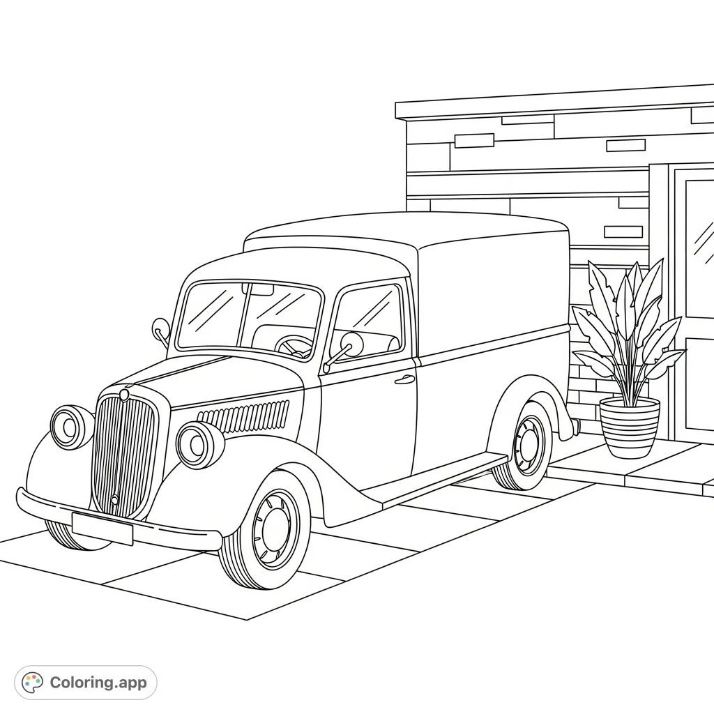 Step back in time with this old-fashioned delivery van coloring page. A classic vehicle parked by a brick building with a charming potted plant detail.