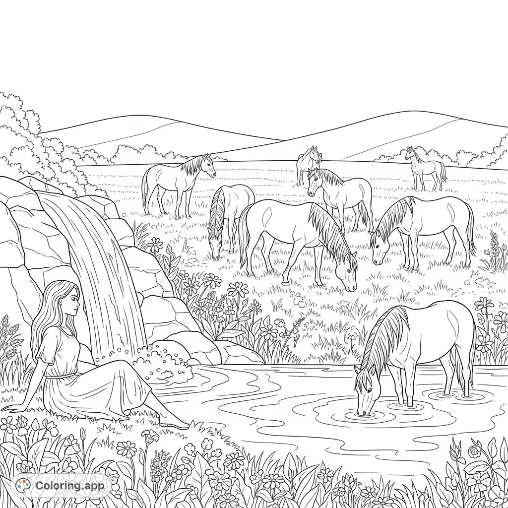 Discover a tranquil nature scene featuring a girl resting by a majestic waterfall and lake, with a graceful herd of wild horses grazing nearby.