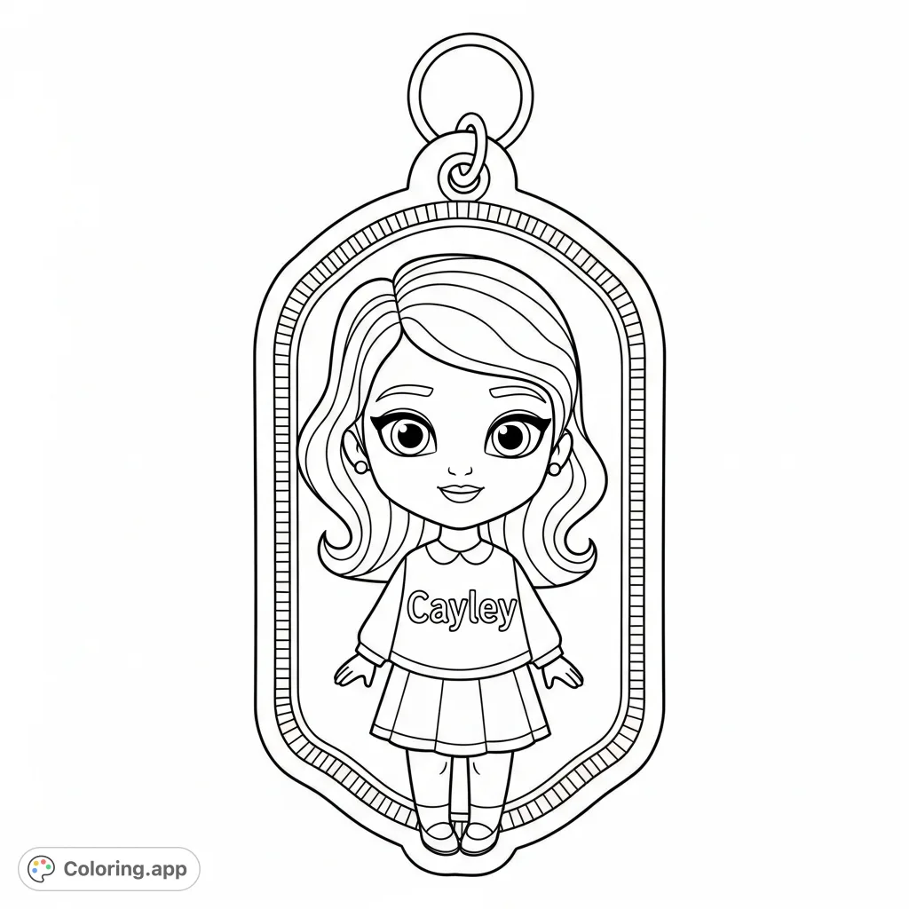 A delightful coloring page featuring "Cayley" on a personalized keychain, ready for creative expression. Perfect for fans and custom gift ideas.