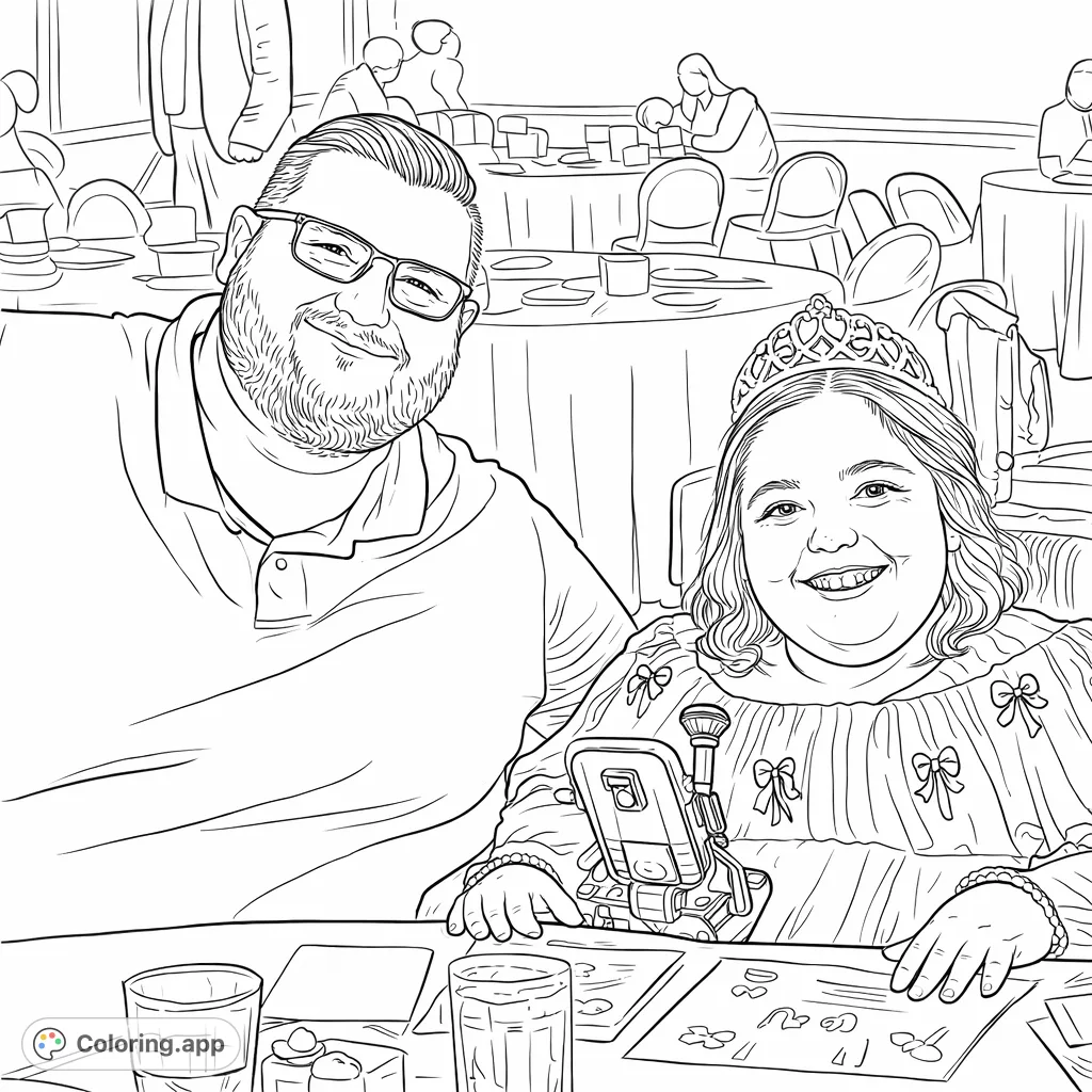A heartwarming coloring page featuring a smiling man and a young girl with a tiara at a table, surrounded by delightful details. Perfect for family fun and creativity.