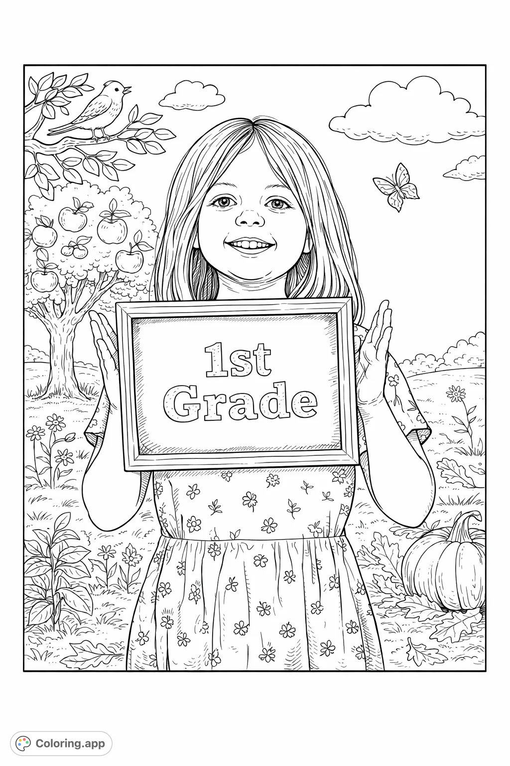 Celebrate starting school with this charming 1st Grade coloring page. Featuring a joyful child holding a chalkboard, perfect for young students!