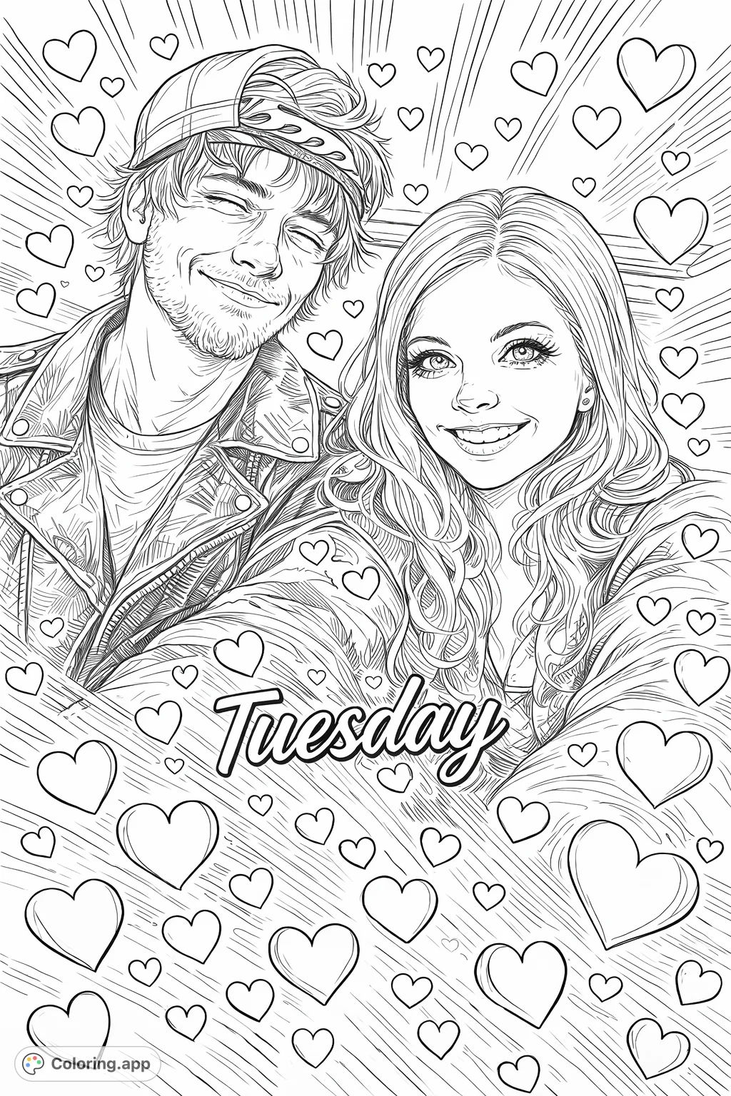 A dynamic, realistic portrait of a smiling couple in a detailed collage, adorned with intricate heart patterns. This highly detailed couple coloring page captures joy and connection.