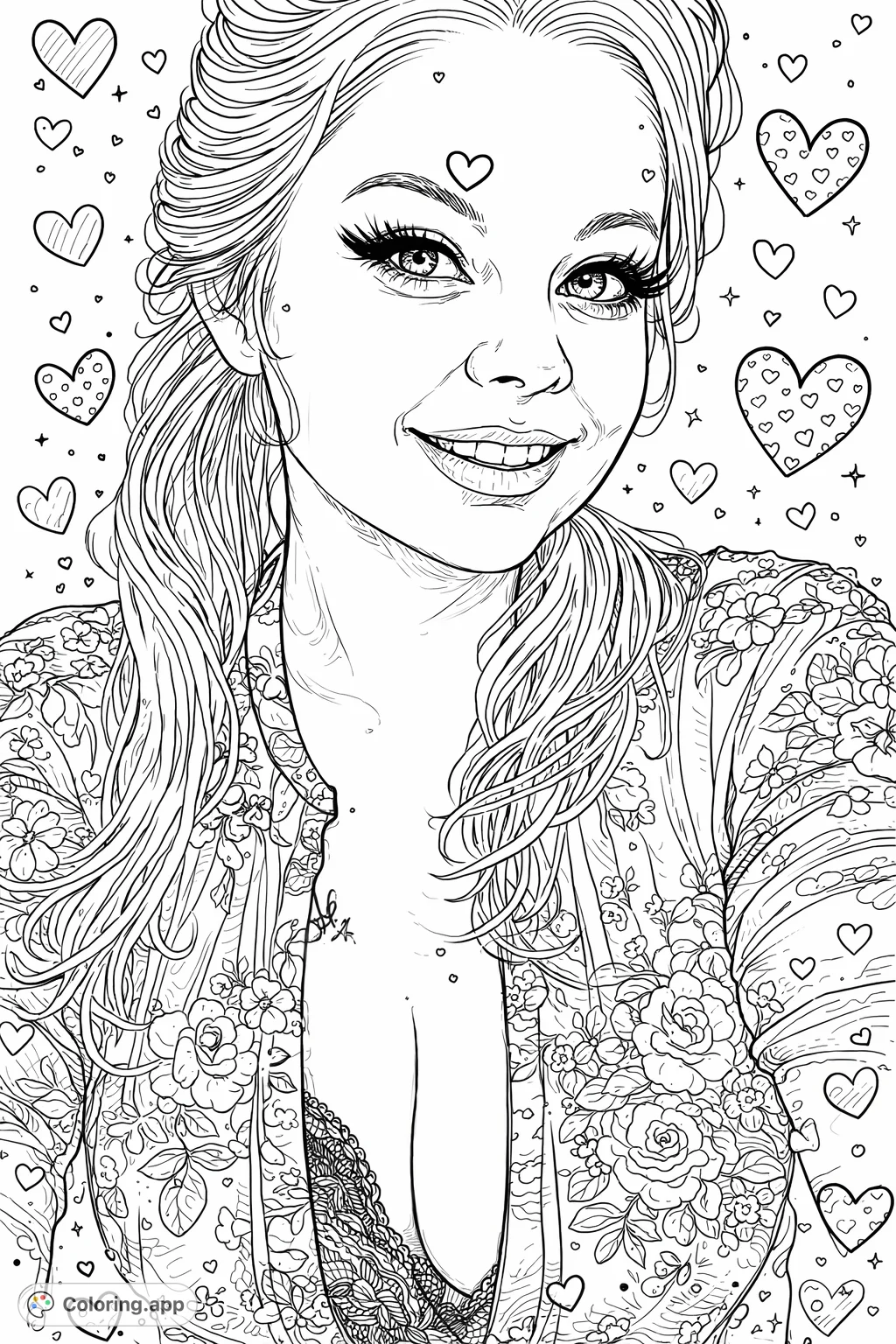 A whimsical floral portrait featuring a smiling woman with pigtails, adorned with decorative heart patterns. A playful, hand-drawn sketch for creative coloring.