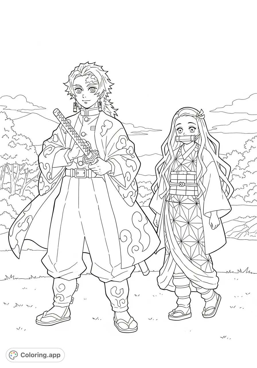 Unleash your creativity with this Demon Slayer Muichiro and Nezuko coloring page. Features intricate details of their iconic attire and poses.
