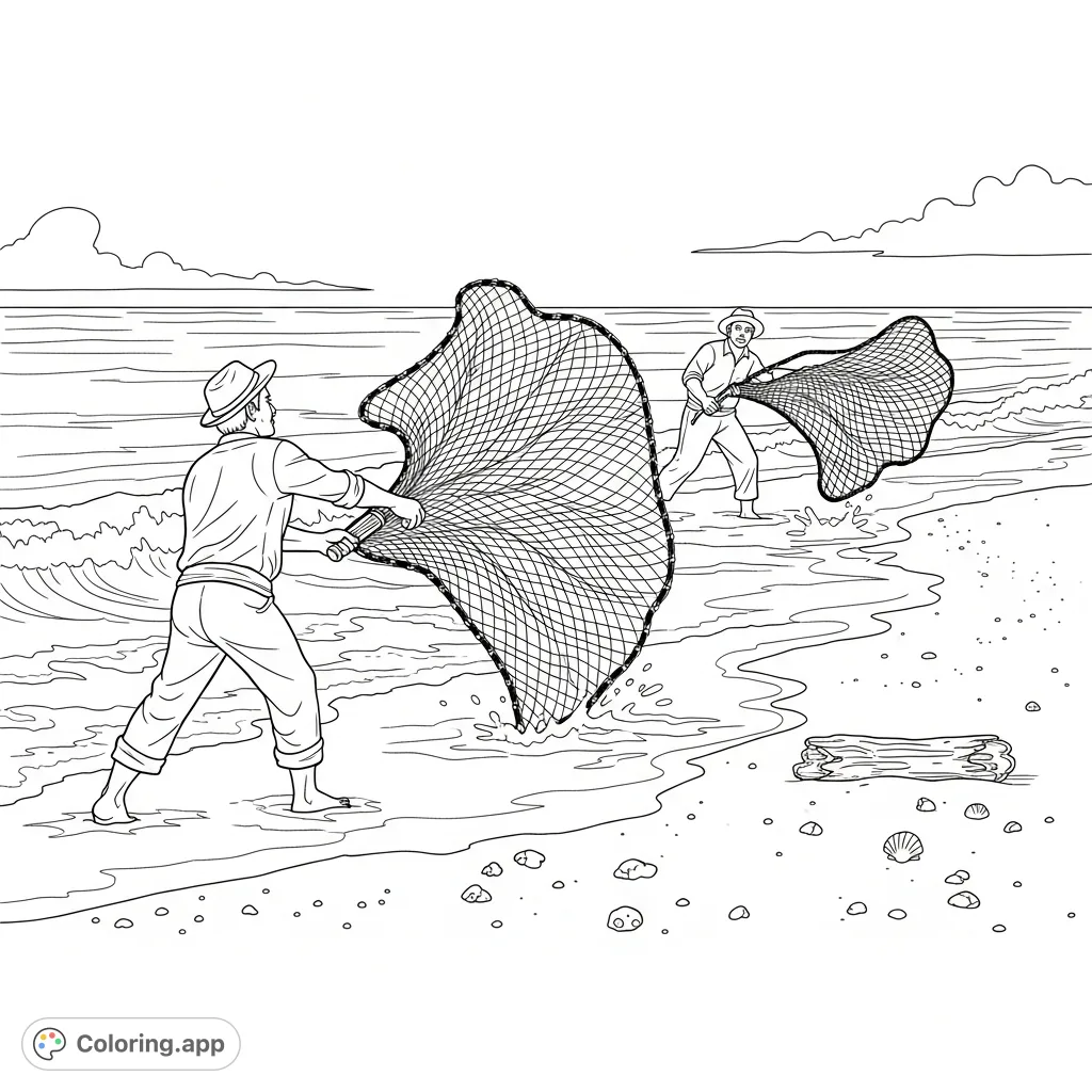Fishnets Color Pages Seashore Net Fishing - Coloring.app